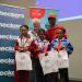 Tiffaney Bezuidenhoudt in the middle won first place, and and to her left Laurnay Saal in third place.